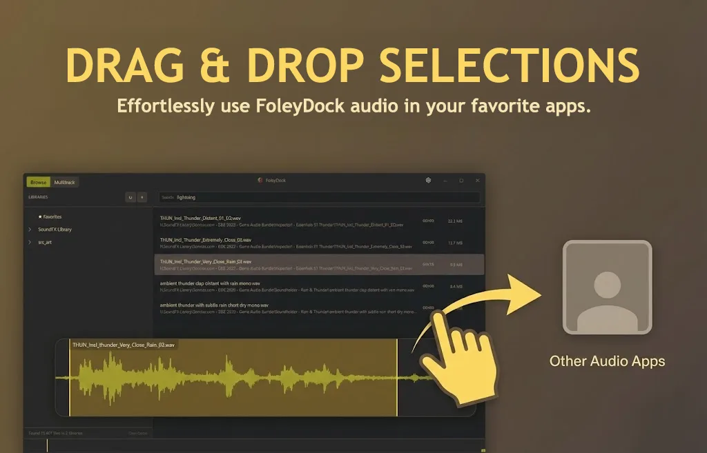 FoleyDock browse mode showing sound search, waveform auditioning, and drag and drop selection export.