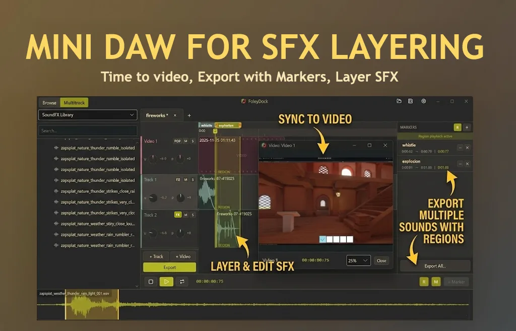 FoleyDock multitrack session view with video sync, layered sound effects, and marker export.