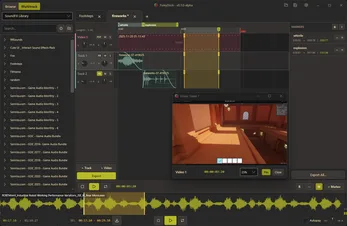 FoleyDock timeline screenshot with multitrack audio clips, video reference, markers, and waveform auditioning.